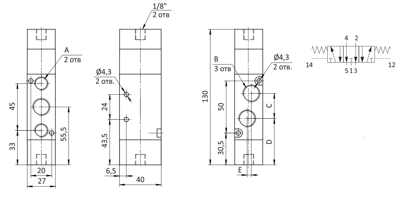 Распределитель SV-D-AA-53E-08 Схема работы 5/3E G1/4" 2500 Нл/мин Распределитель SV-D-AA-53E-08 Схема работы 5/3E G1/4" 2500 Нл/мин