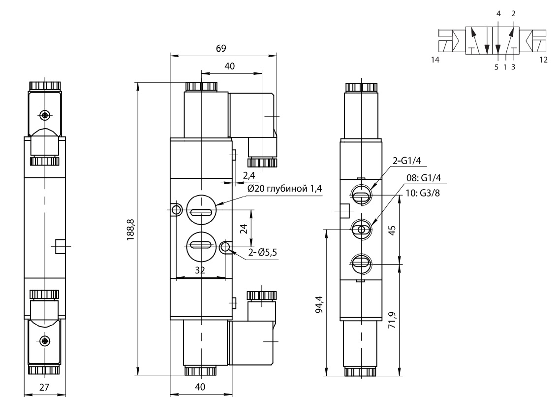 Распределитель SV-DN-EE-52-08 Схема работы 5/2 G1/4" 2500 Нл/мин