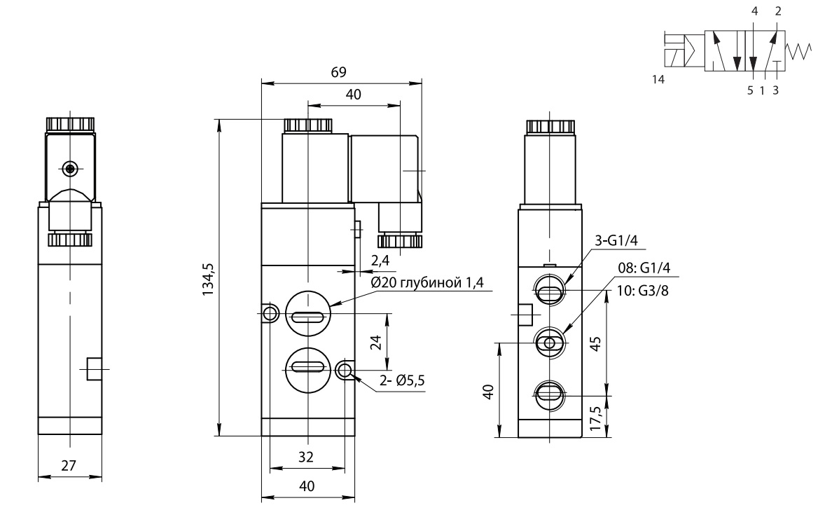 Распределитель SV-DN-ES-52-08 Схема работы 5/2 G1/4" 2500 Нл/мин