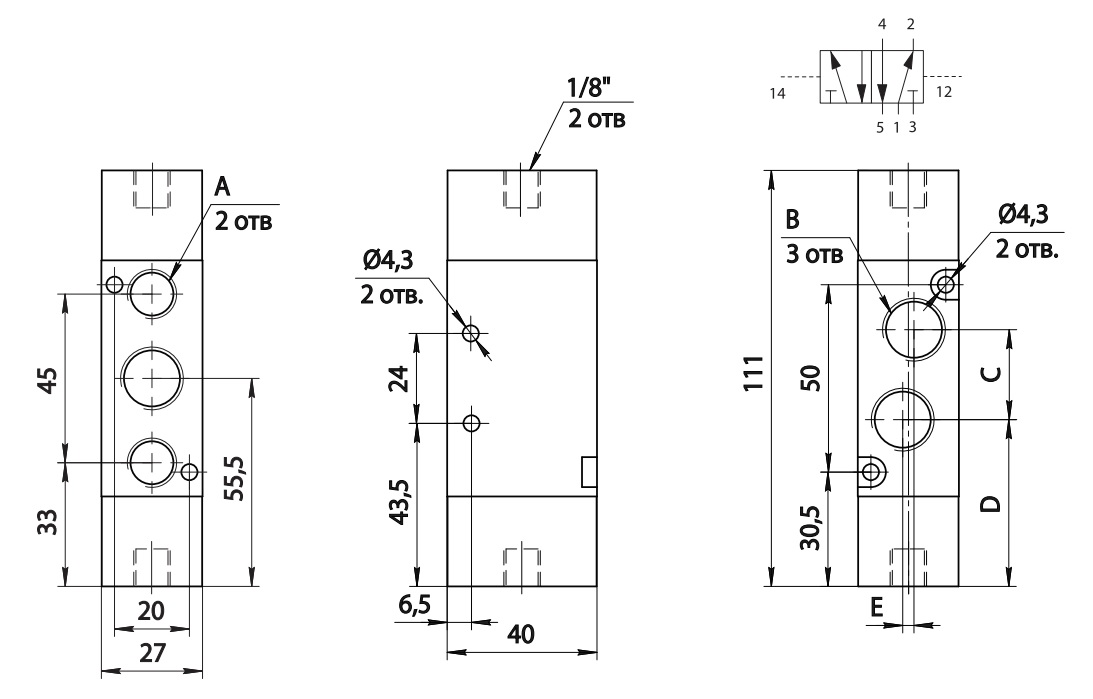 Распределитель SV-D-AA-52-08 Схема работы 5/2 G1/4" 2500 Нл/мин