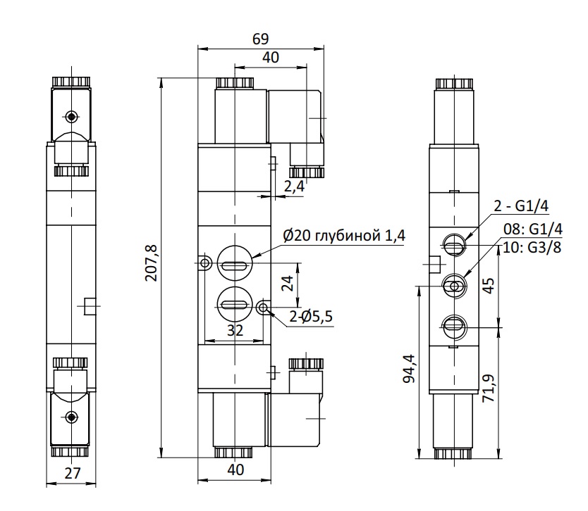 Распределитель SV-DN-EE-53E-08 Схема работы 5/3 G1/4" 2500 Нл/мин