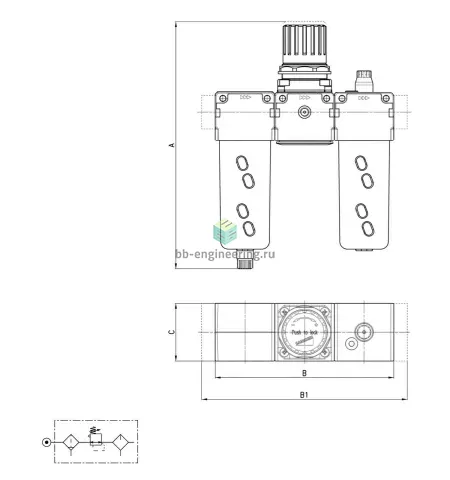 MC238-FRL-5-FL CAMOZZI - Блок подготовки воздуха, G3/8, 10 бар, 5 мкм, полуавт. конд.-отвод, изображение 2