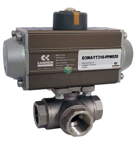 S3WAYT316-PPM080 CAMOZZI - Кран шаровой муфтовый, 3" ДУ 80, нержавеющий, трёхходовой, с пневмоприводом ОД, изображение 1